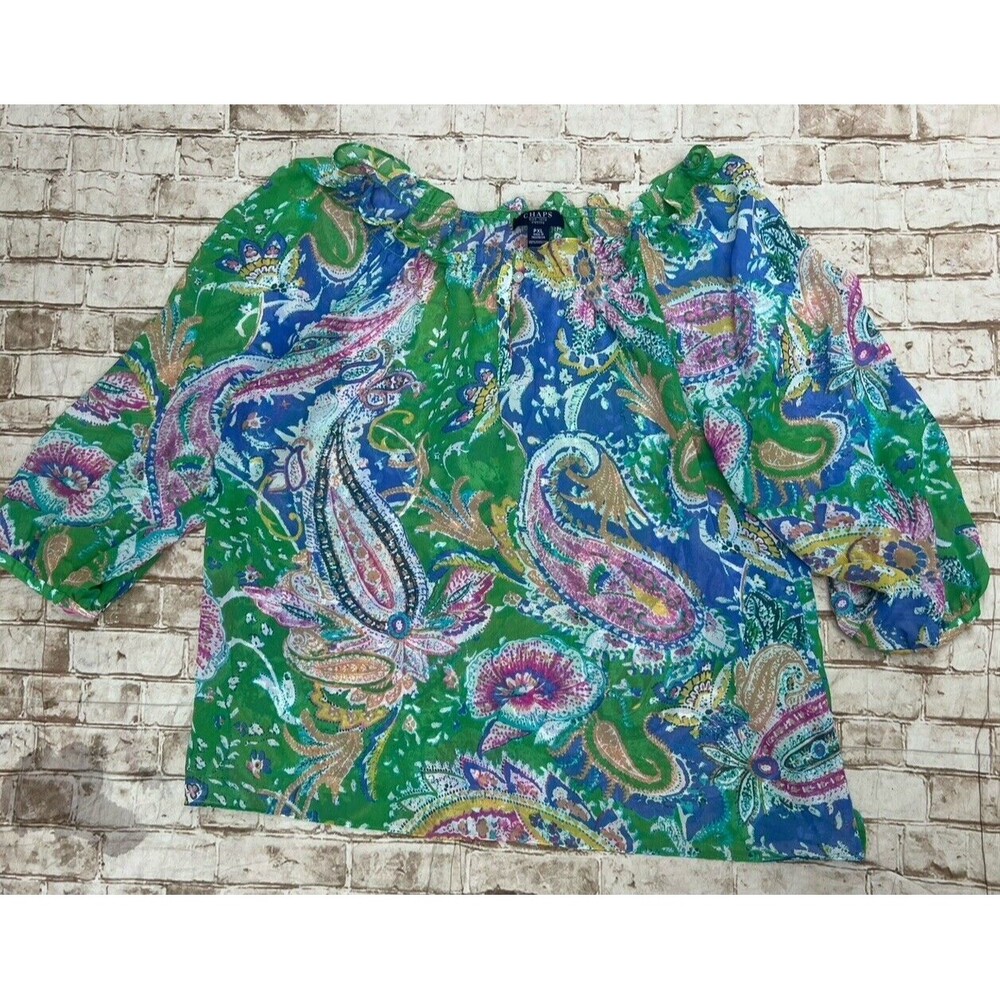 Chaps Blouse‎ Blue Paisley Semi Sheer Button V-neck 3/4 Sleeve Blouse Top PXL